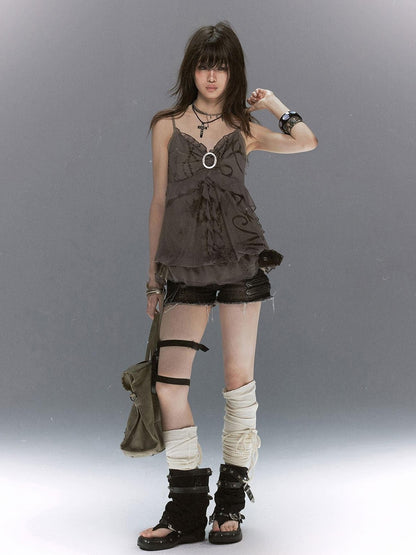 Cest Nous Mottled Bubble Chain Graffiti Print Drawstring Ruffle Women&