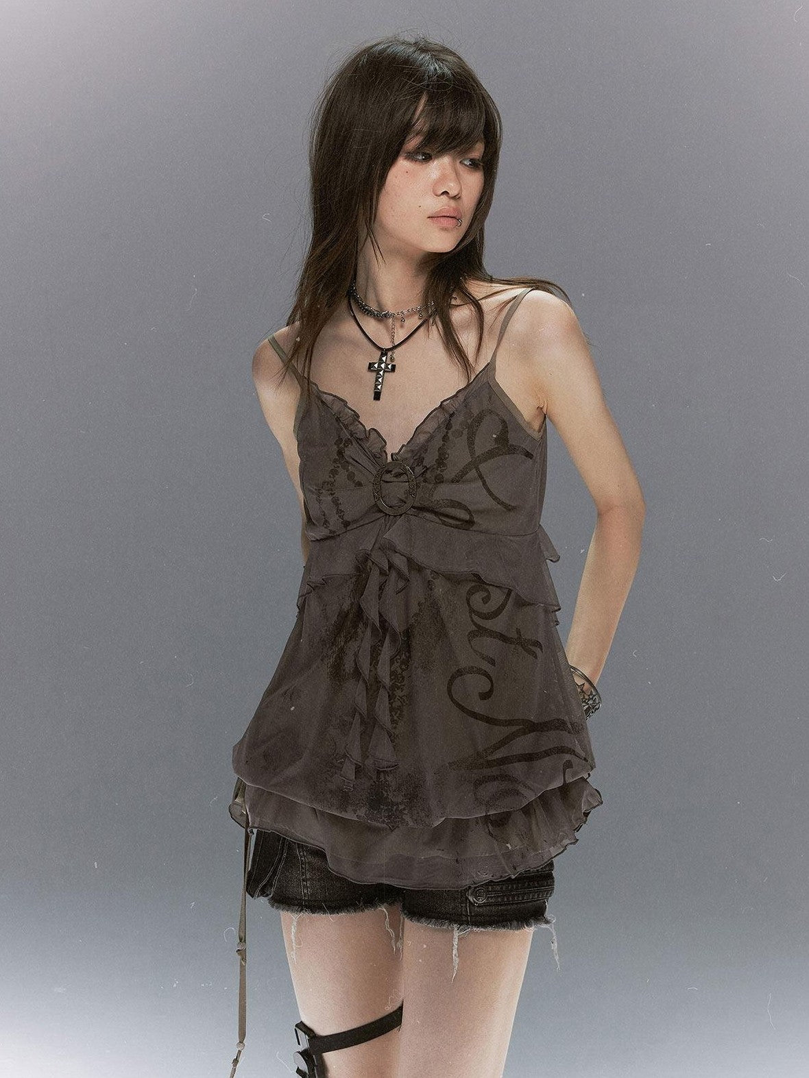 Cest Nous Mottled Bubble Chain Graffiti Print Drawstring Ruffle Women&