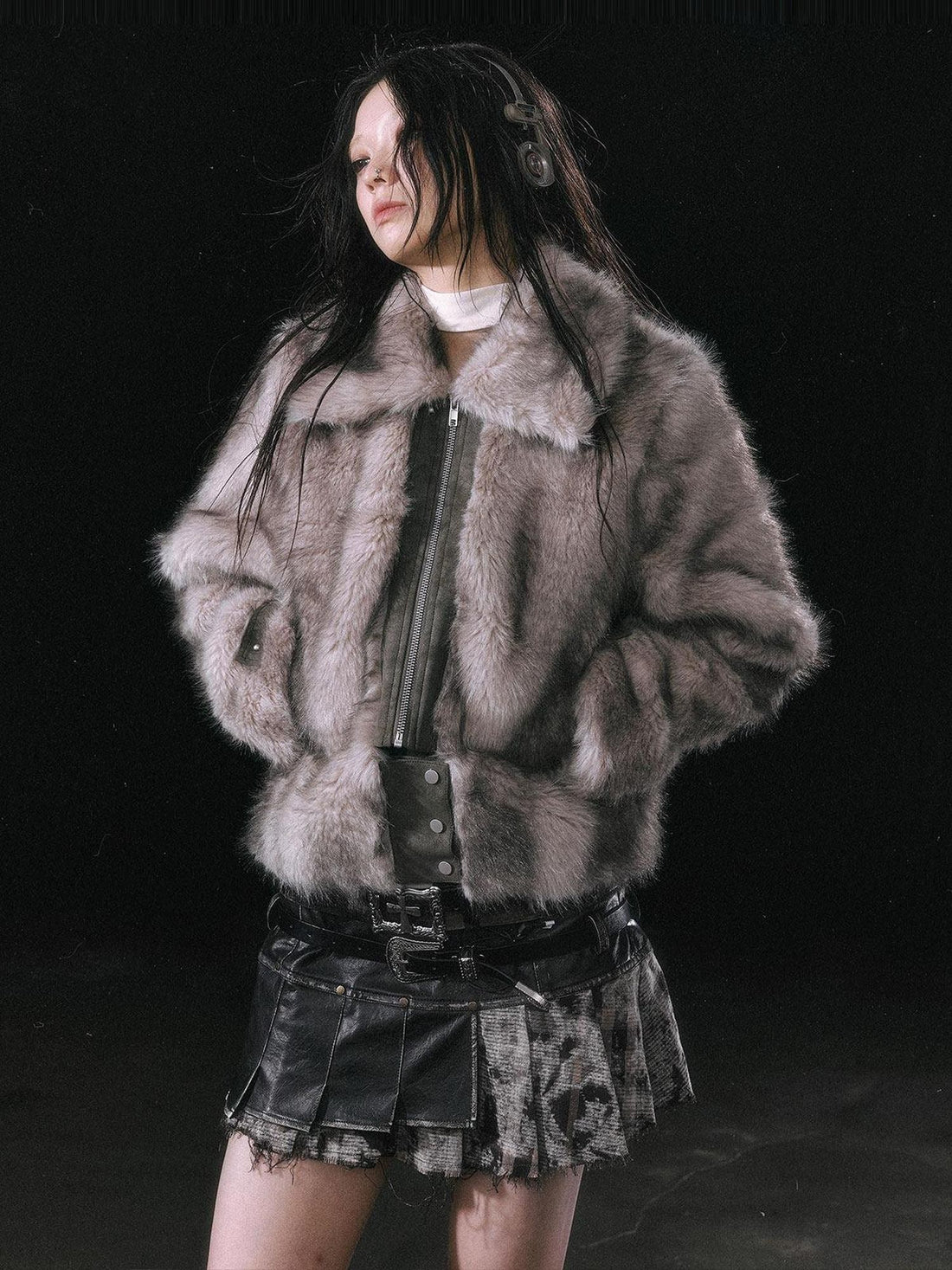 Cest Nous Ombre Leather Patch Fur Collar Detachable Hem Women&