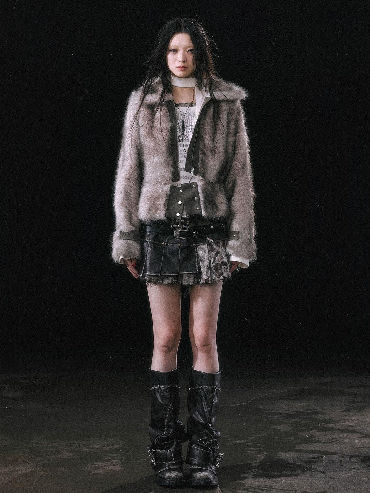 Cest Nous Ombre Leather Patch Fur Collar Detachable Hem Women&