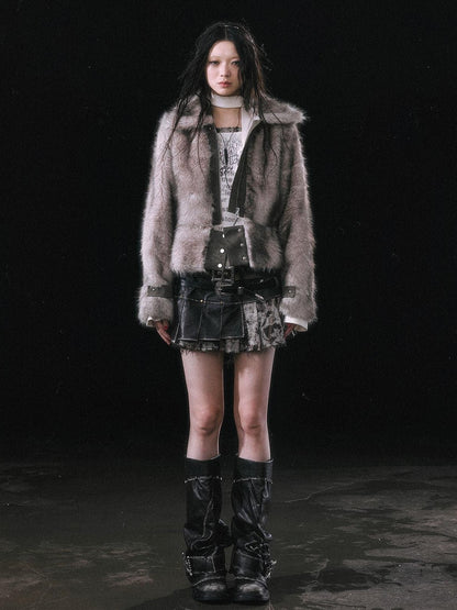 Cest Nous Ombre Leather Patch Fur Collar Detachable Hem Women&