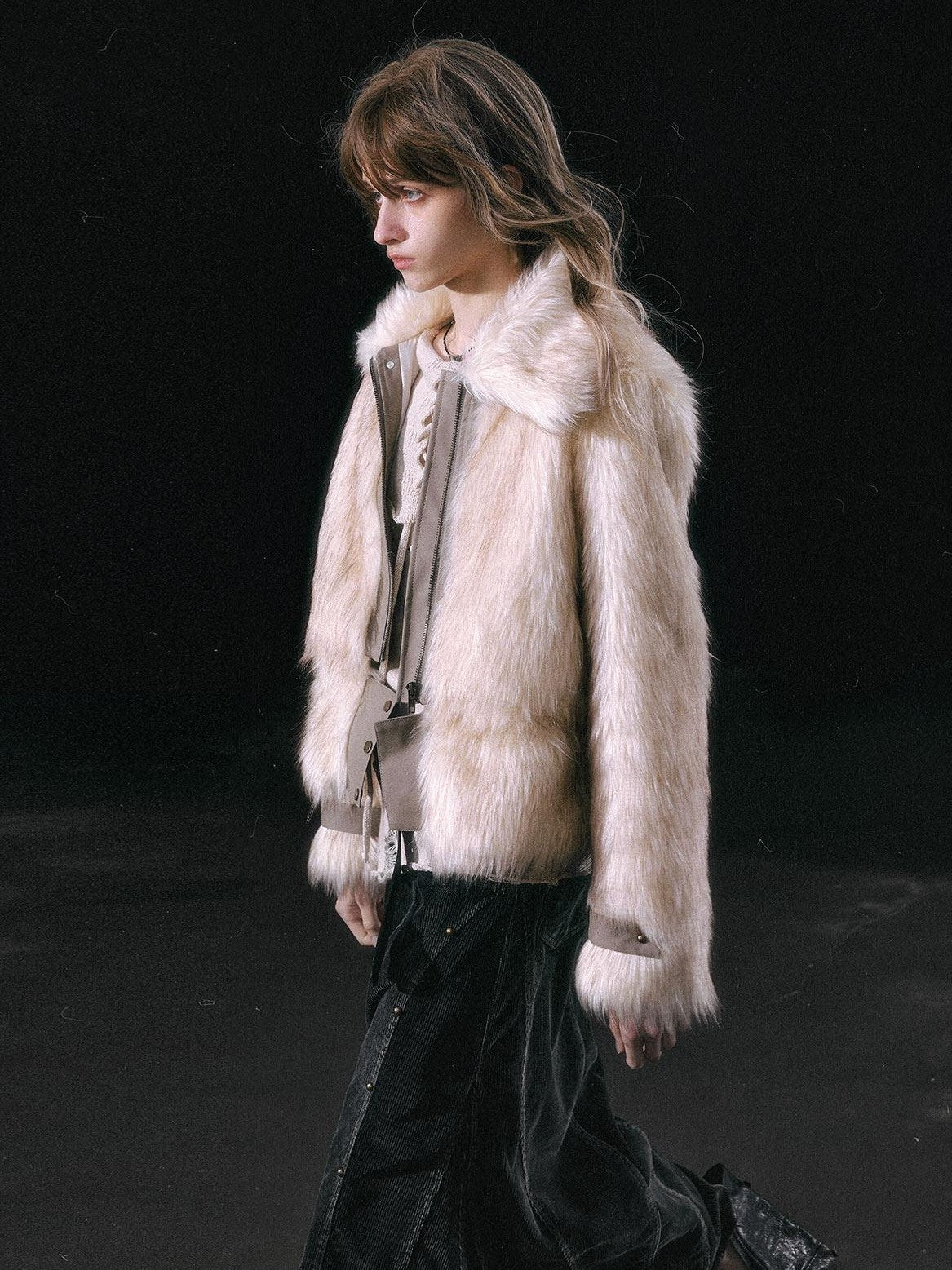 Cest Nous Ombre Leather Patch Fur Collar Detachable Hem Women&