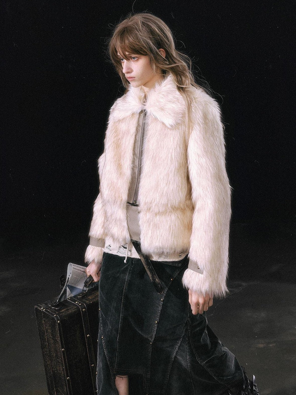 Cest Nous Ombre Leather Patch Fur Collar Detachable Hem Women&