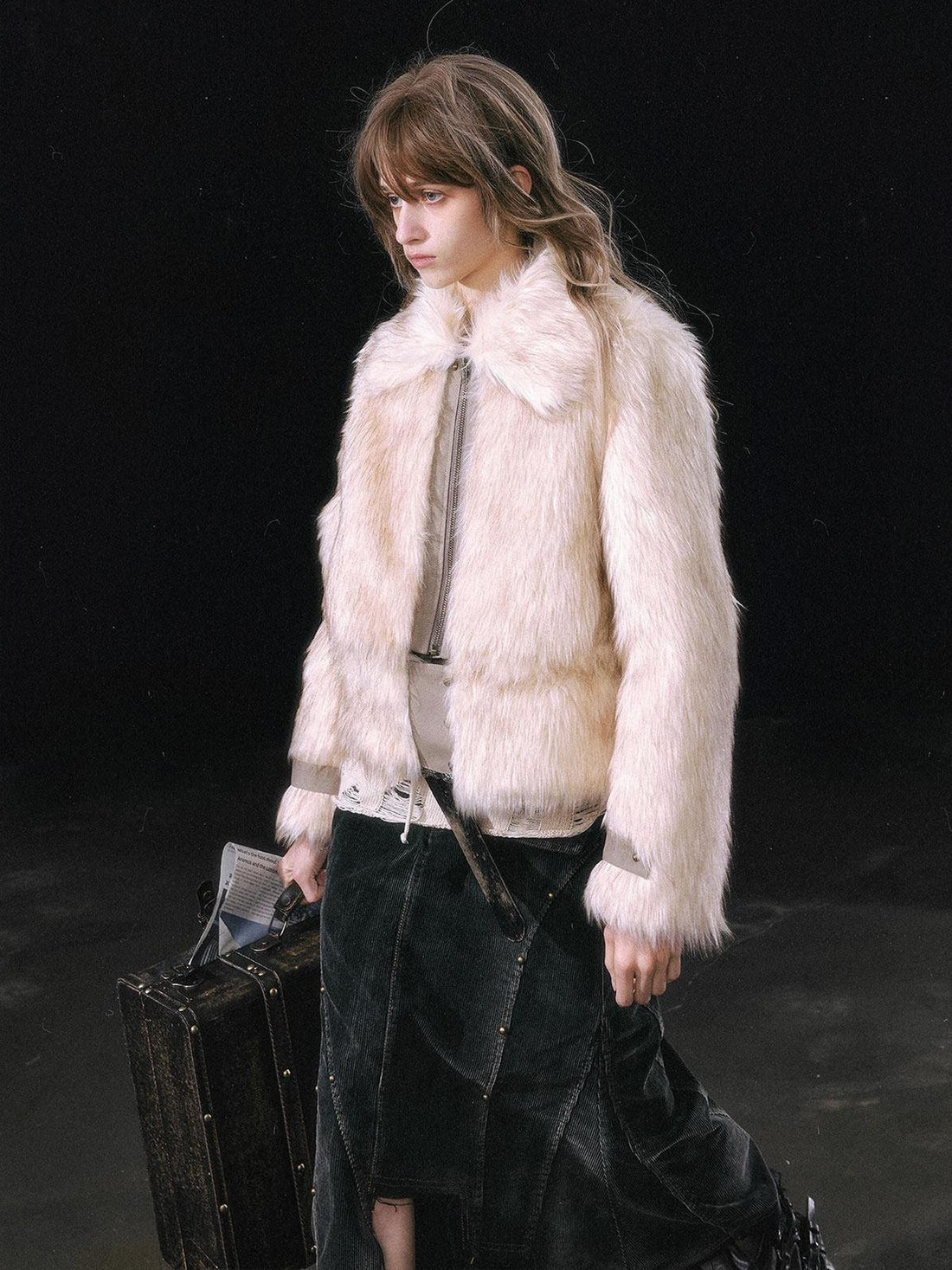 Cest Nous Ombre Leather Patch Fur Collar Detachable Hem Women&