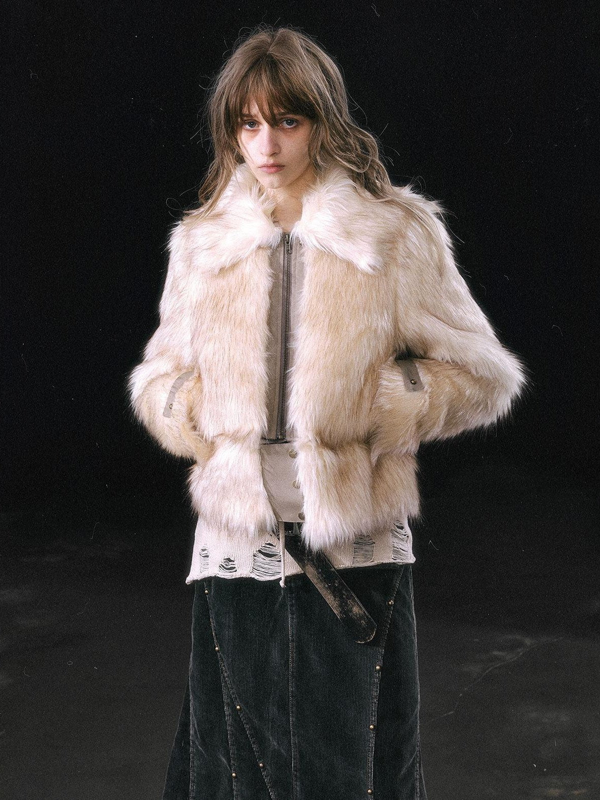 Cest Nous Ombre Leather Patch Fur Collar Detachable Hem Women&