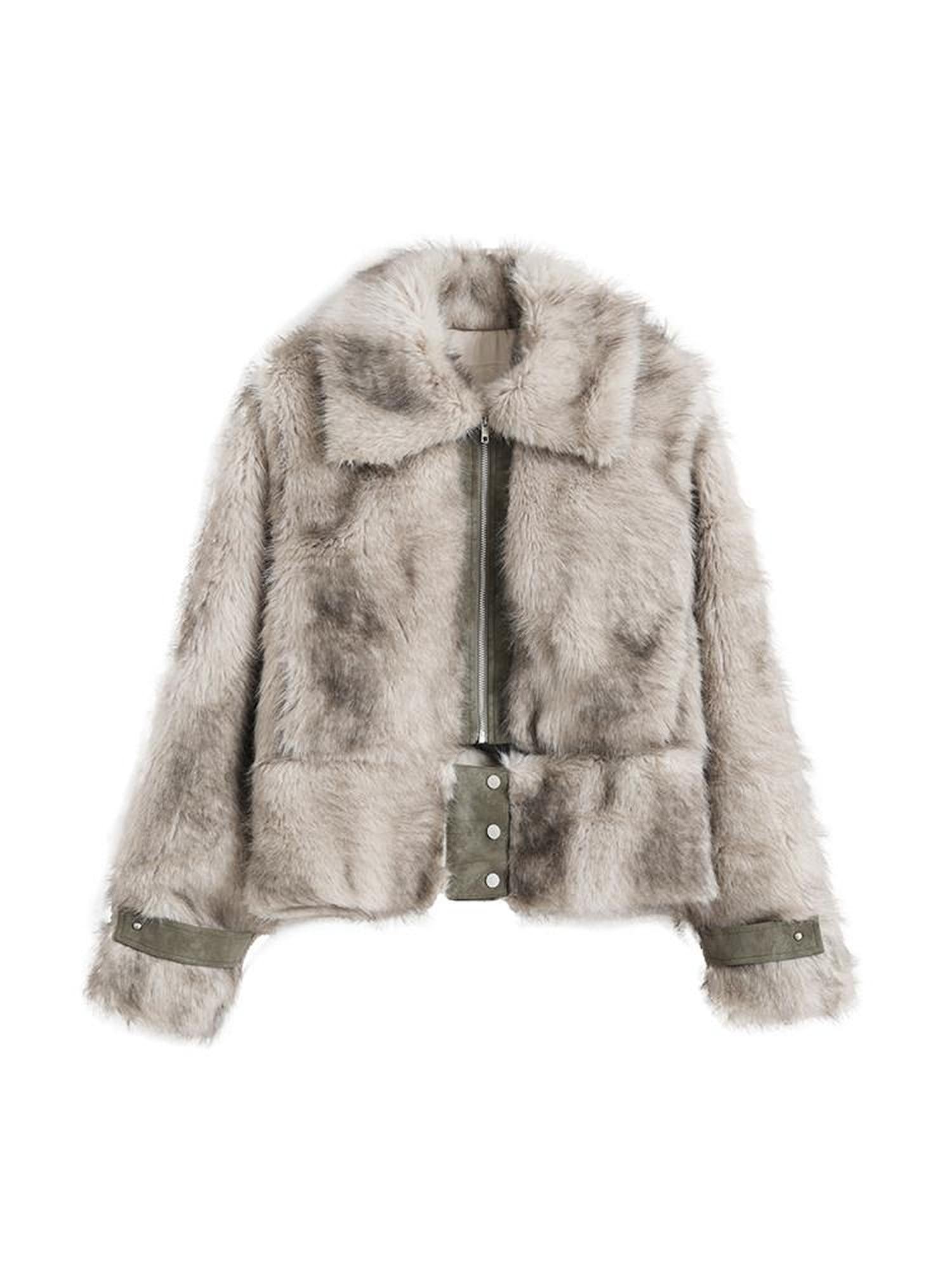 Cest Nous Ombre Leather Patch Fur Collar Detachable Hem Women&