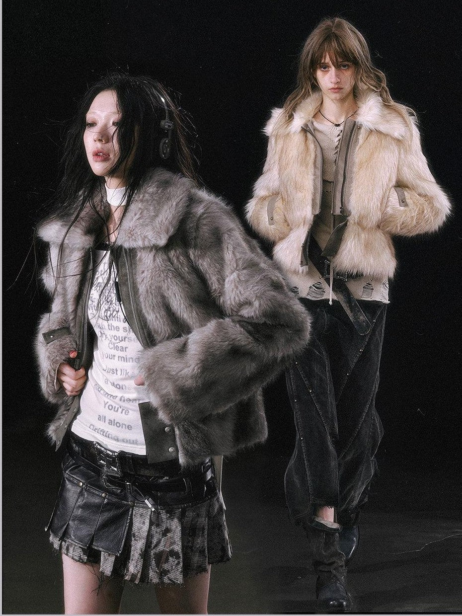 Cest Nous Ombre Leather Patch Fur Collar Detachable Hem Women&