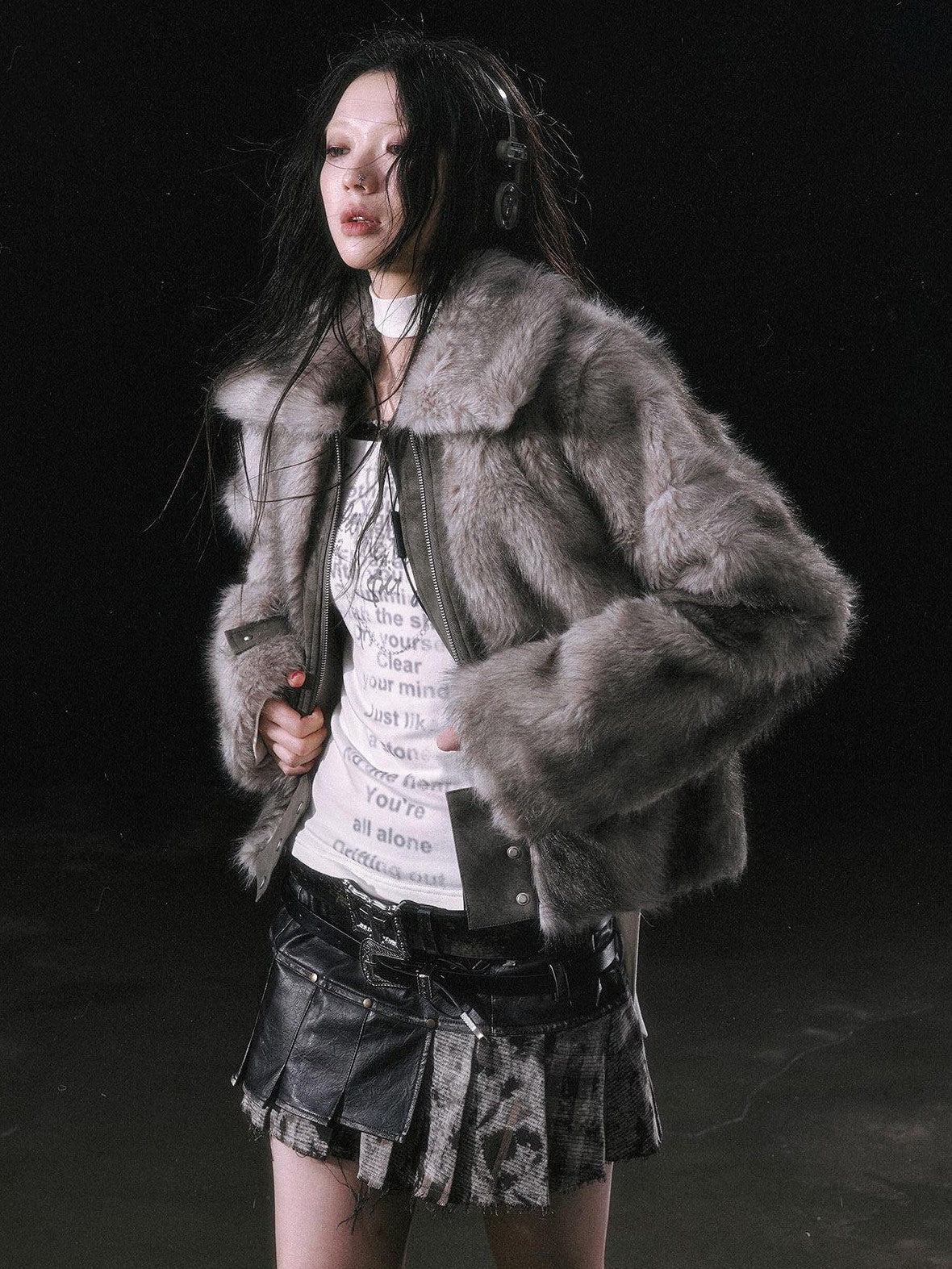 Cest Nous Ombre Leather Patch Fur Collar Detachable Hem Women&