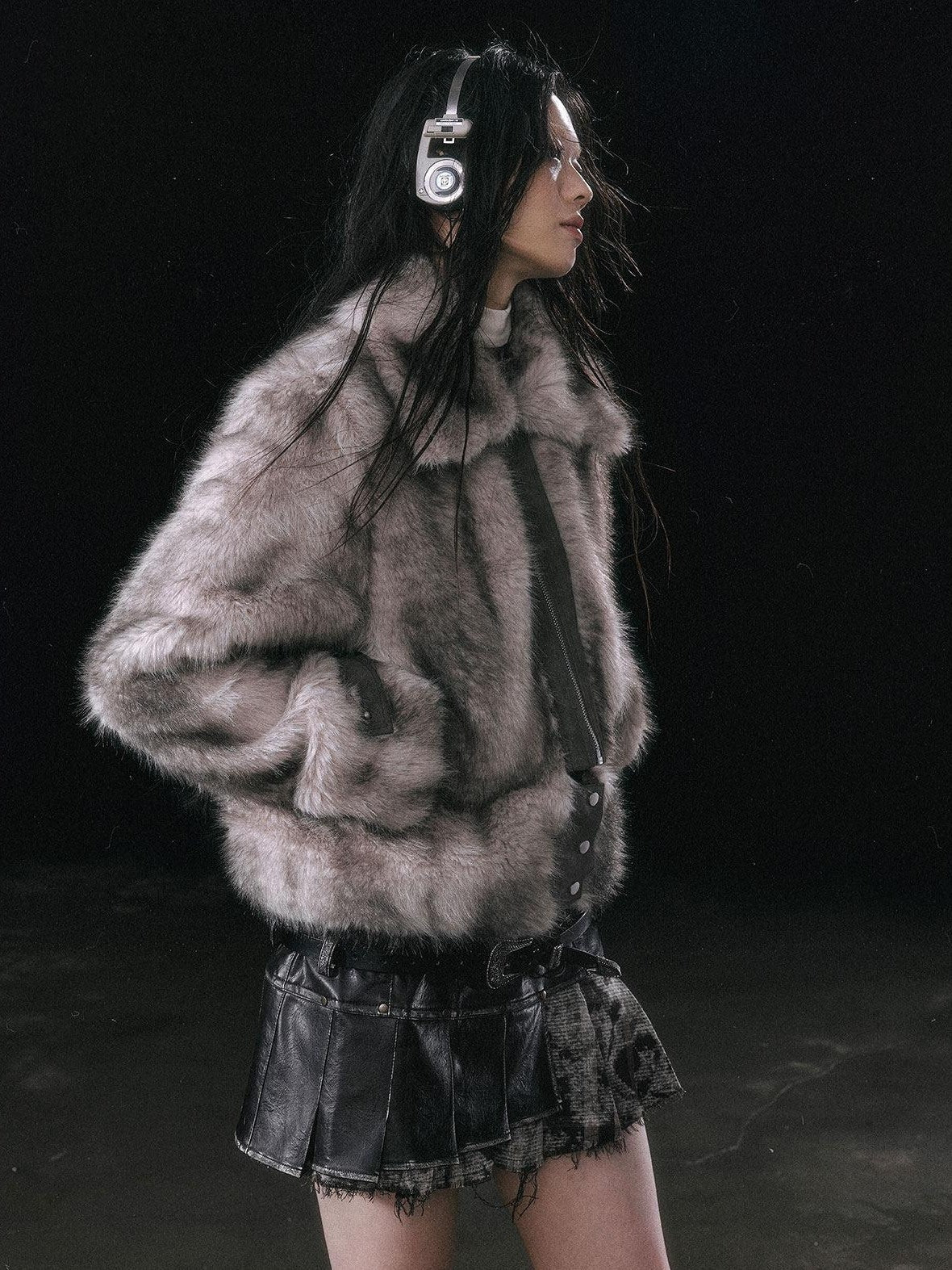 Cest Nous Ombre Leather Patch Fur Collar Detachable Hem Women&