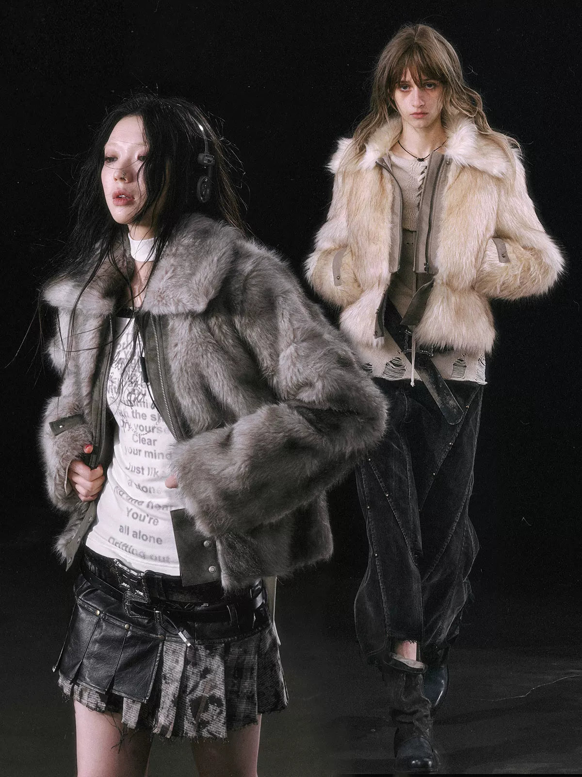 Cest Nous Ombre Leather Patch Fur Collar Detachable Hem Women&