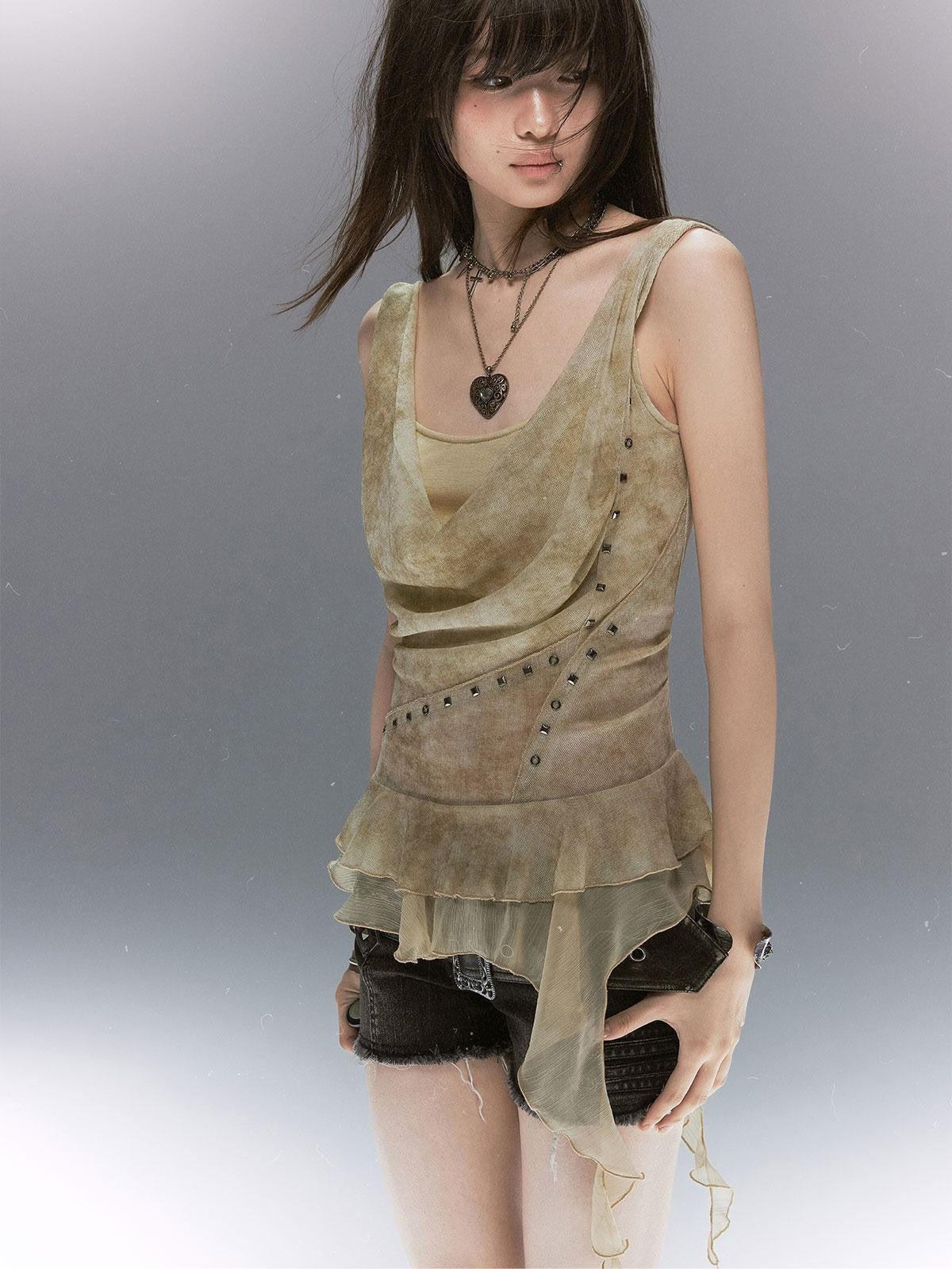 Cest Nous Ombre Print Ruffle Hem Faux Two Piece Tie Bandeau Women&