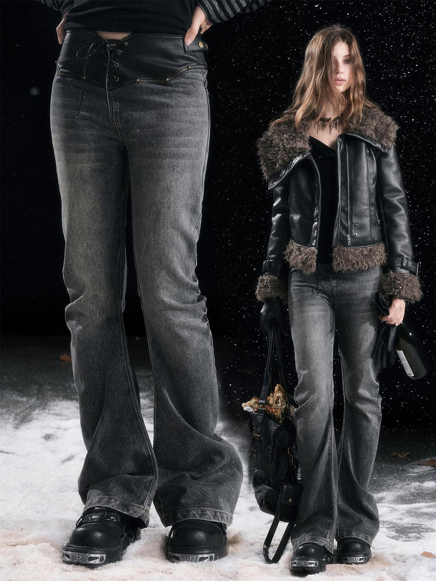 Cest Nous Patchwork Vintage Natural Waist Women Washed Black Cotton Jeans