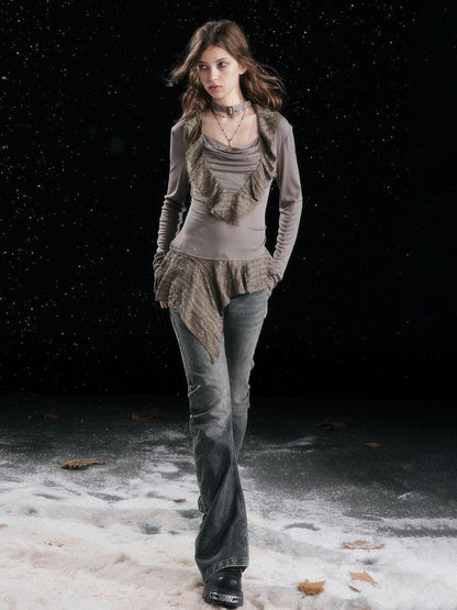 Cest Nous Patchwork Vintage Natural Waist Women Washed Black Cotton Jeans