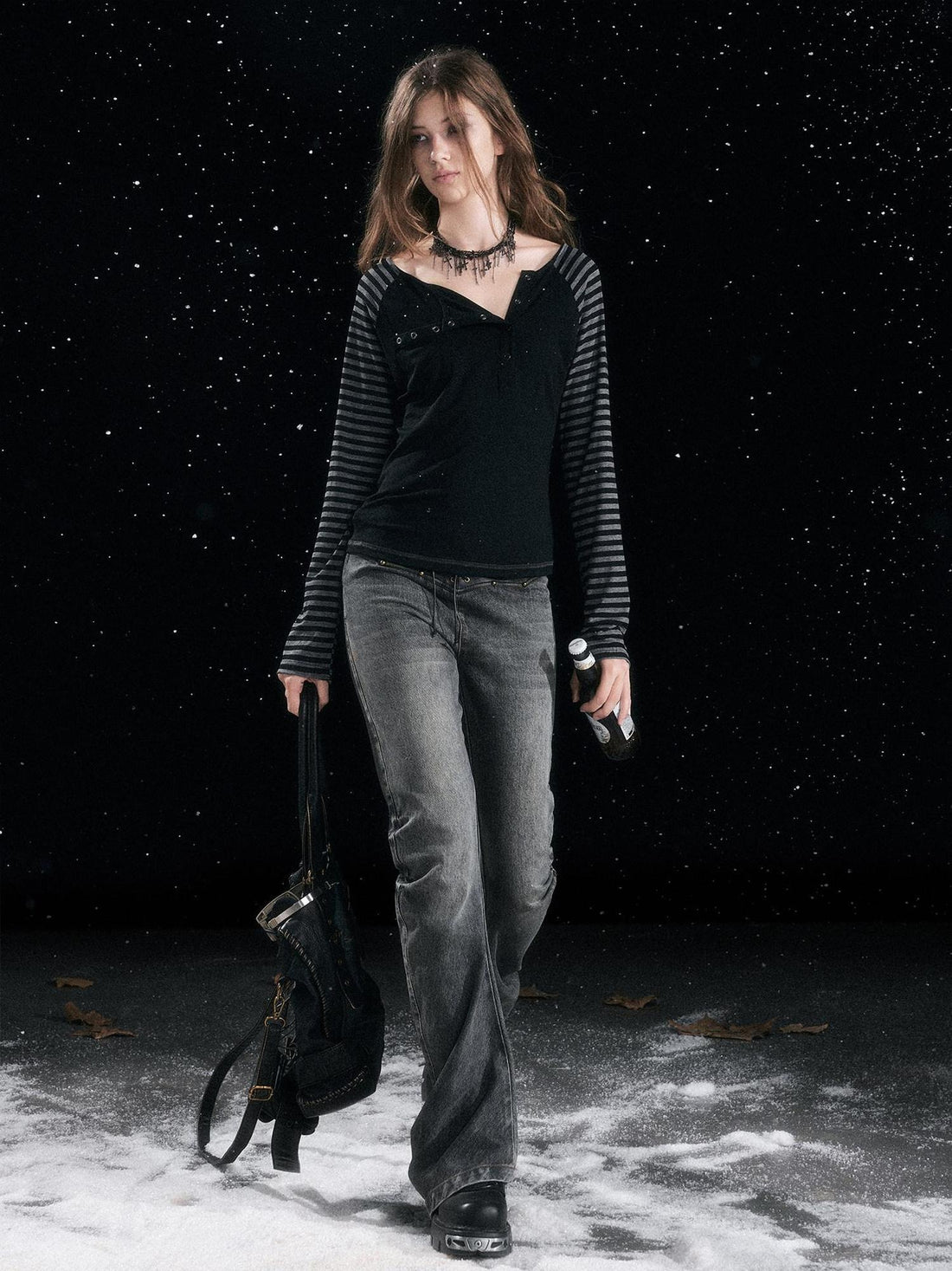 Cest Nous Patchwork Vintage Natural Waist Women Washed Black Cotton Jeans