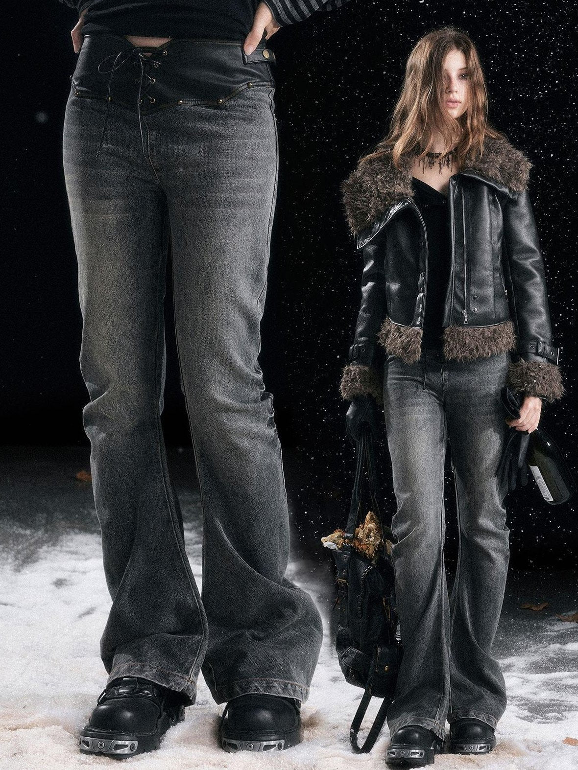 Cest Nous Patchwork Vintage Natural Waist Women Washed Black Cotton Jeans