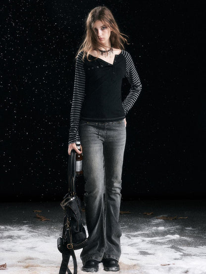 Cest Nous Patchwork Vintage Natural Waist Women Washed Black Cotton Jeans