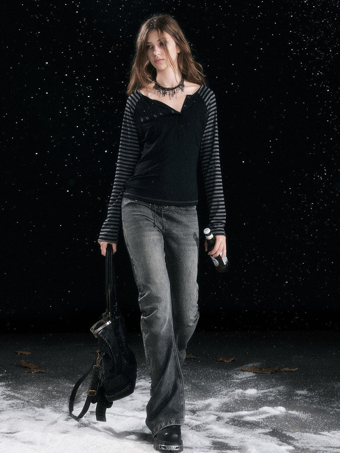 Cest Nous Patchwork Vintage Natural Waist Women Washed Black Cotton Jeans