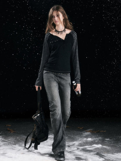 Cest Nous Patchwork Vintage Natural Waist Women Washed Black Cotton Jeans