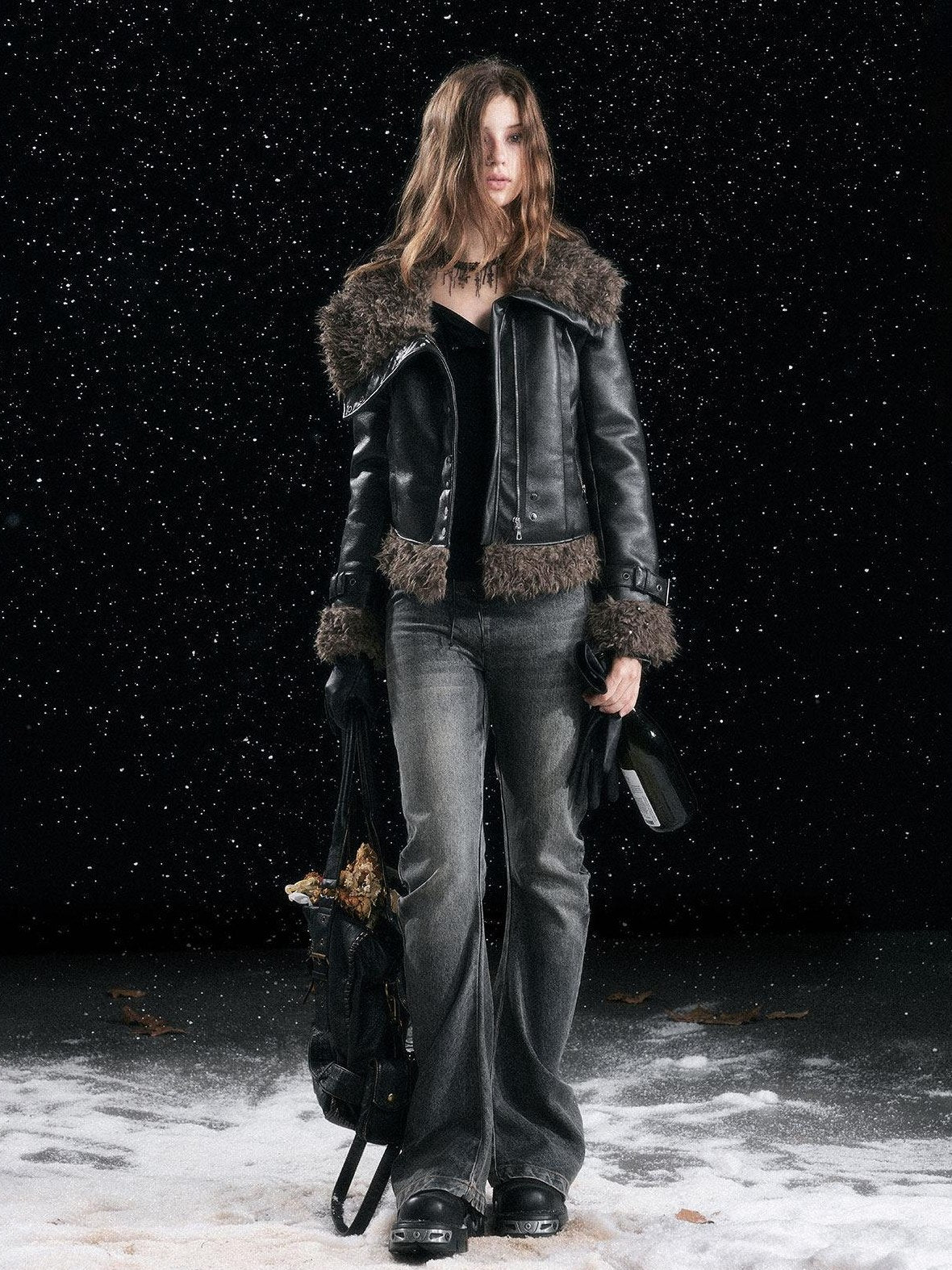 Cest Nous Patchwork Vintage Natural Waist Women Washed Black Cotton Jeans