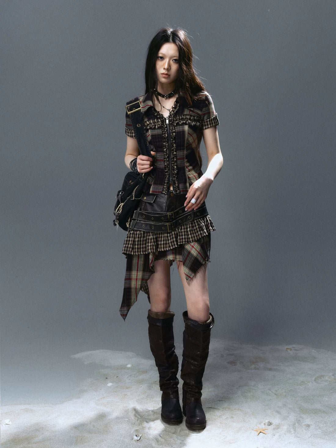 Cest Nous Plaid Distressed Patchwork Irregular Hem Women&
