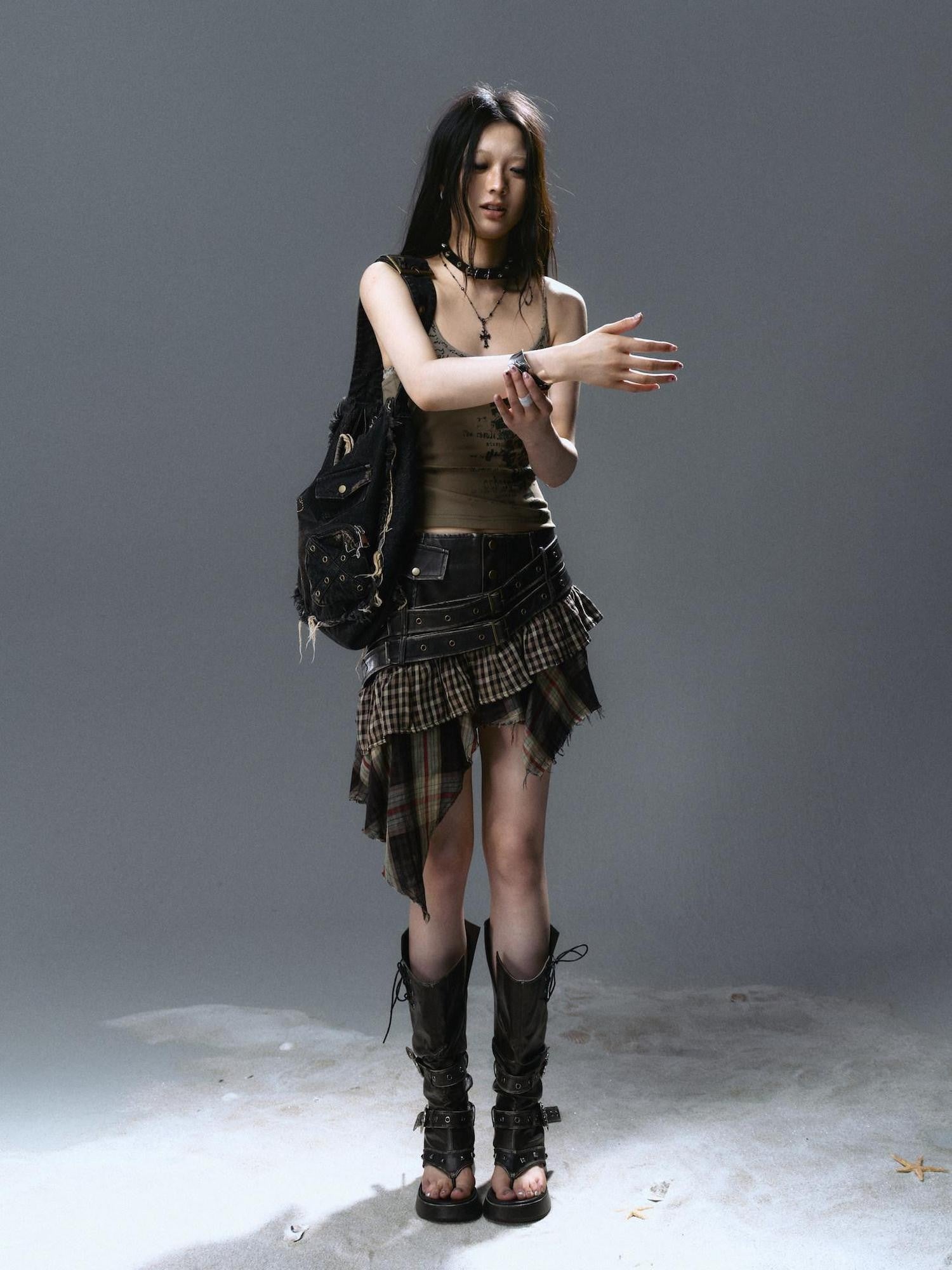Cest Nous Plaid Distressed Patchwork Irregular Hem Women&
