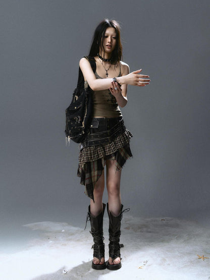 Cest Nous Plaid Distressed Patchwork Irregular Hem Women&
