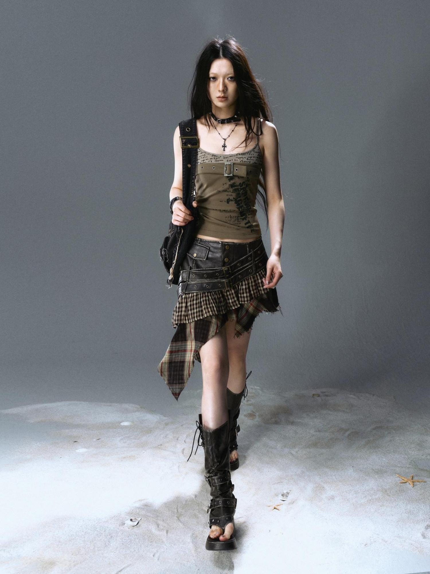 Cest Nous Plaid Distressed Patchwork Irregular Hem Women&