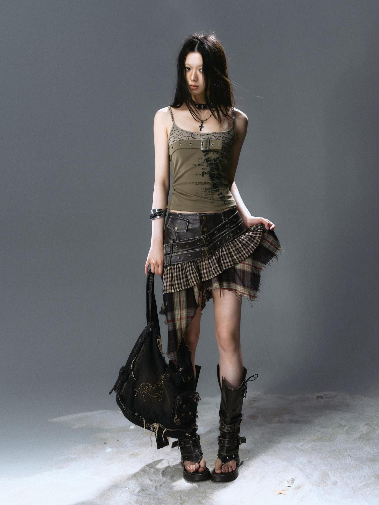 Cest Nous Plaid Distressed Patchwork Irregular Hem Women&