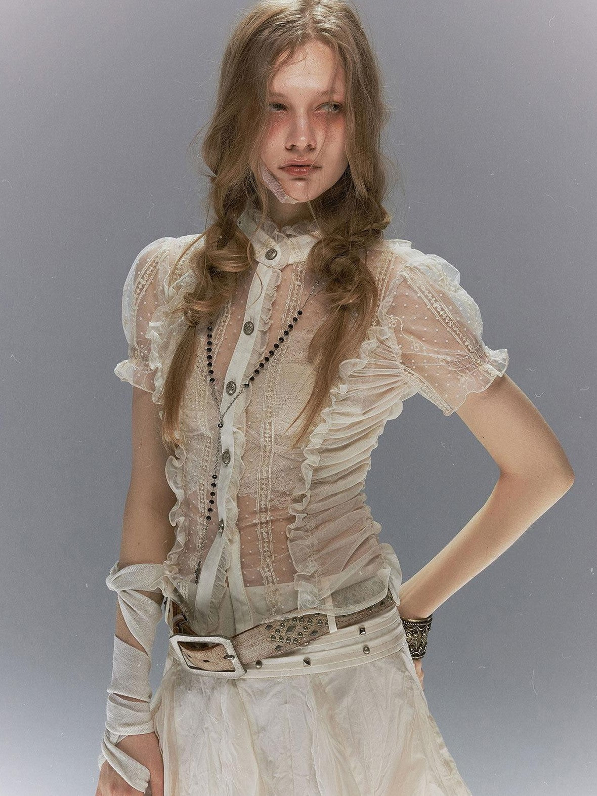 Cest Nous Polka Dot Embroidered Ruched Puff Sleeve Collar Women&