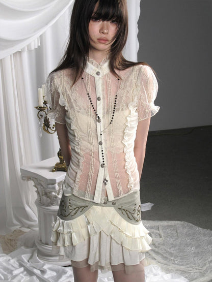 Cest Nous Polka Dot Embroidered Ruched Puff Sleeve Collar Women&