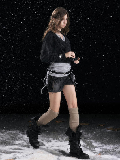 Cest Nous Pu Leather Buckle Mid Calf Casual Black Riding Youth Low Heel Boots