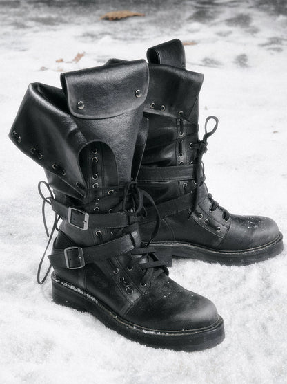 Cest Nous Pu Leather Buckle Mid Calf Casual Black Riding Youth Low Heel Boots-1