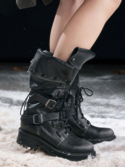 Cest Nous Pu Leather Buckle Mid Calf Casual Black Riding Youth Low Heel Boots