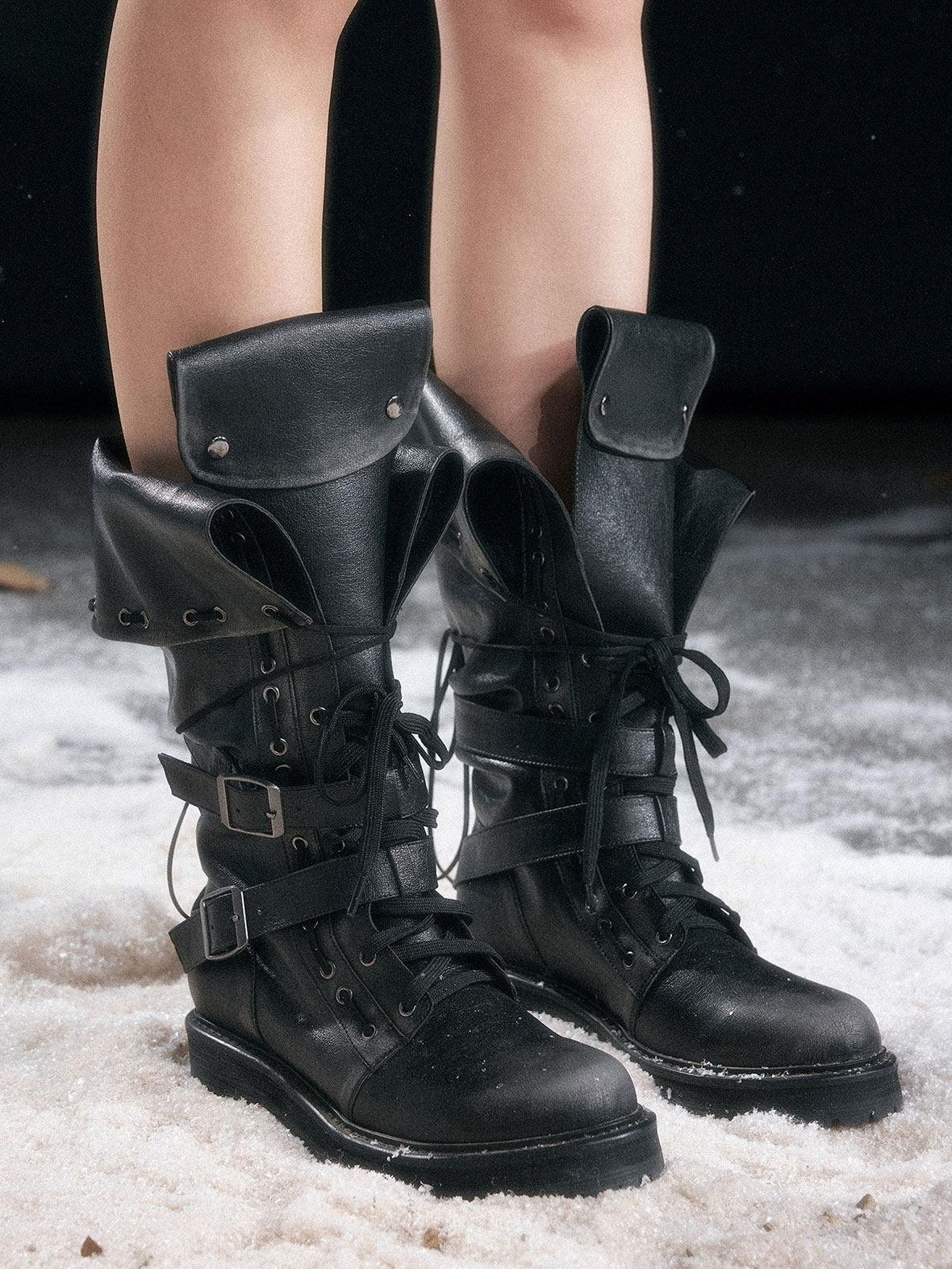 Cest Nous Pu Leather Buckle Mid Calf Casual Black Riding Youth Low Heel Boots