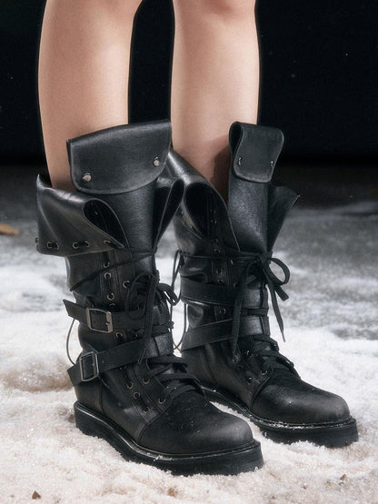 Cest Nous Pu Leather Buckle Mid Calf Casual Black Riding Youth Low Heel Boots