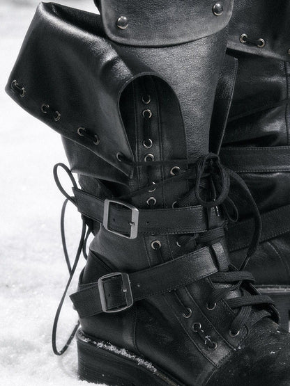 Cest Nous Pu Leather Buckle Mid Calf Casual Black Riding Youth Low Heel Boots