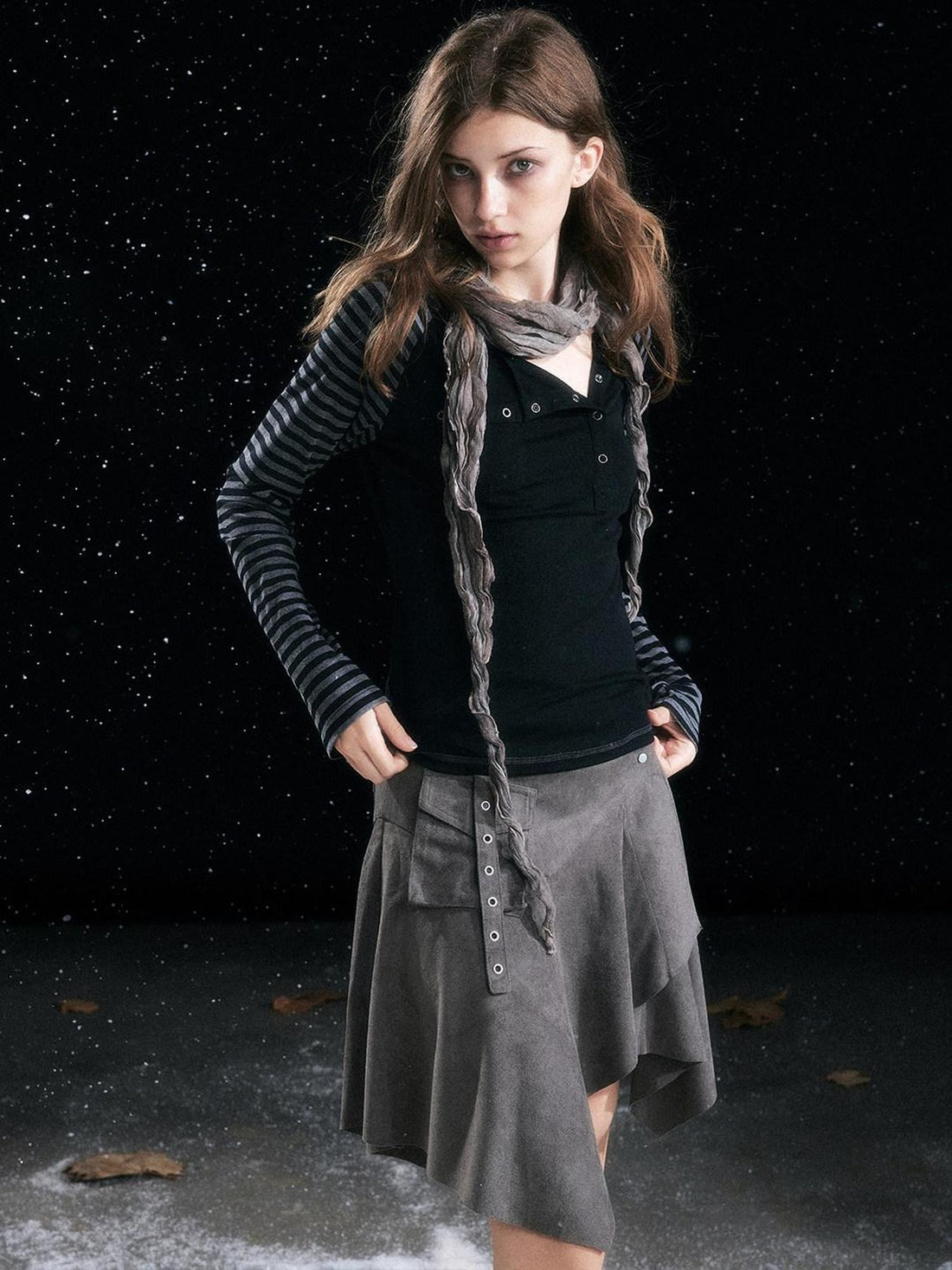 Cest Nous Punk Black Grey Color Block Striped Raglan Sleeve Women&