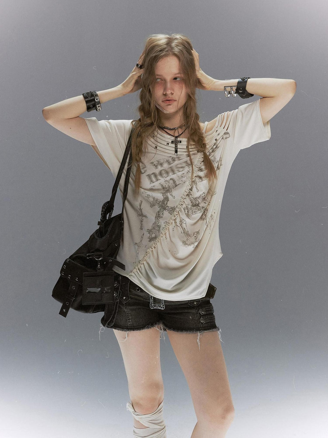 Cest Nous Punk Cross Print Studded Loose Split Ruched Women&