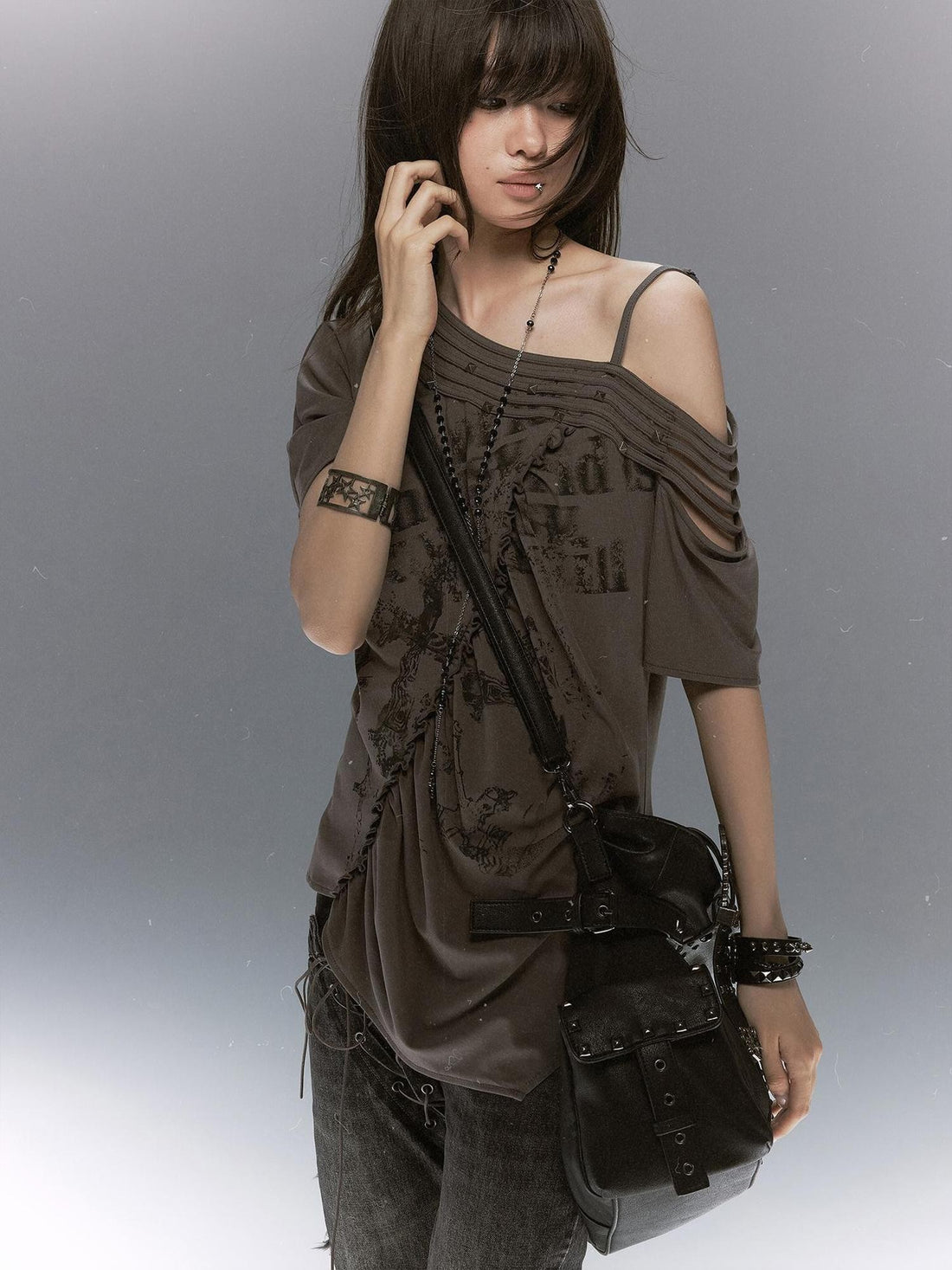 Cest Nous Punk Cross Print Studded Loose Split Ruched Women&