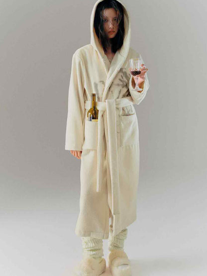 Cest Nous Punk Girl Doodle Print Fleece Hooded Bathrobe