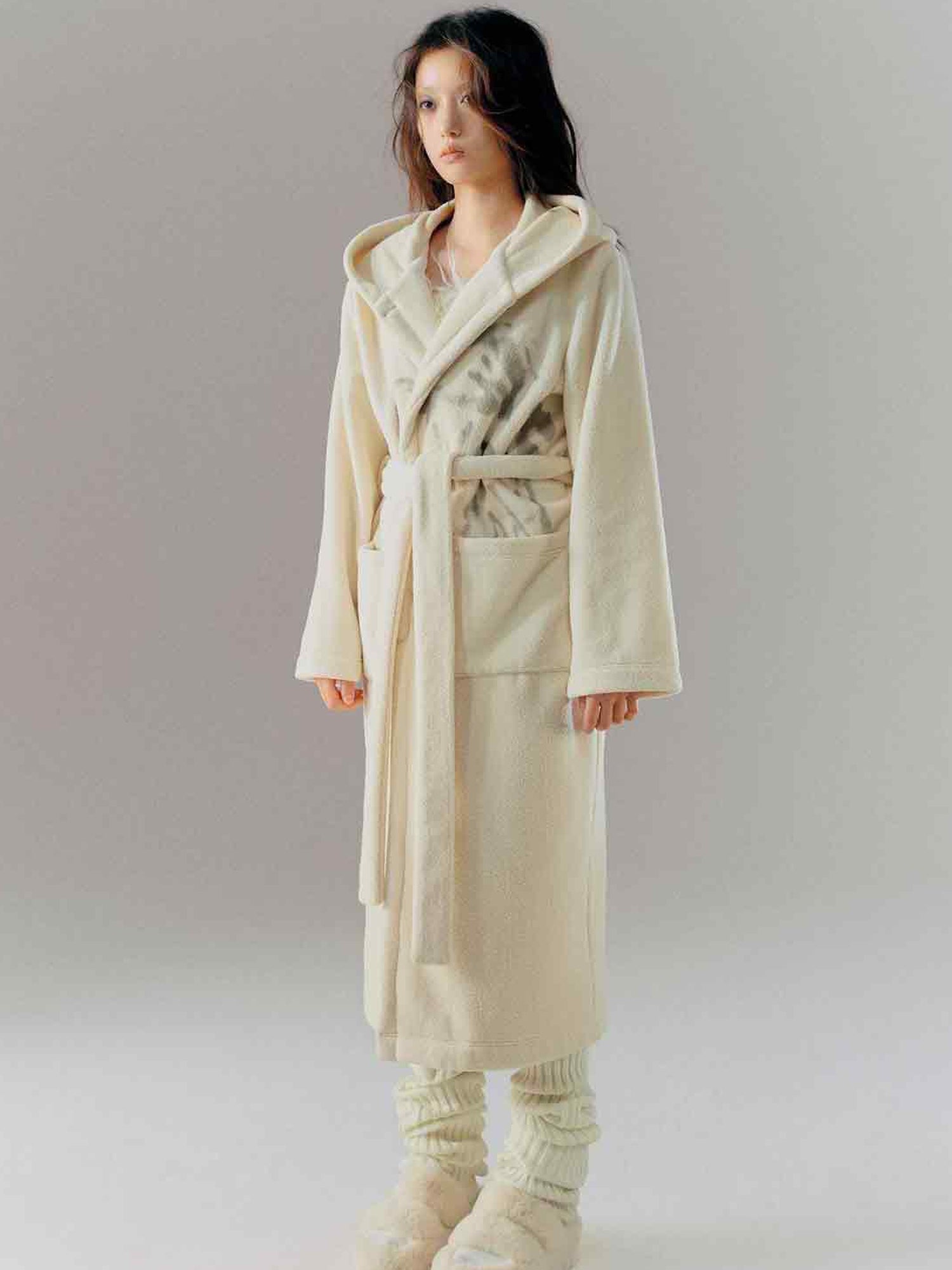 Cest Nous Punk Girl Doodle Print Fleece Hooded Bathrobe
