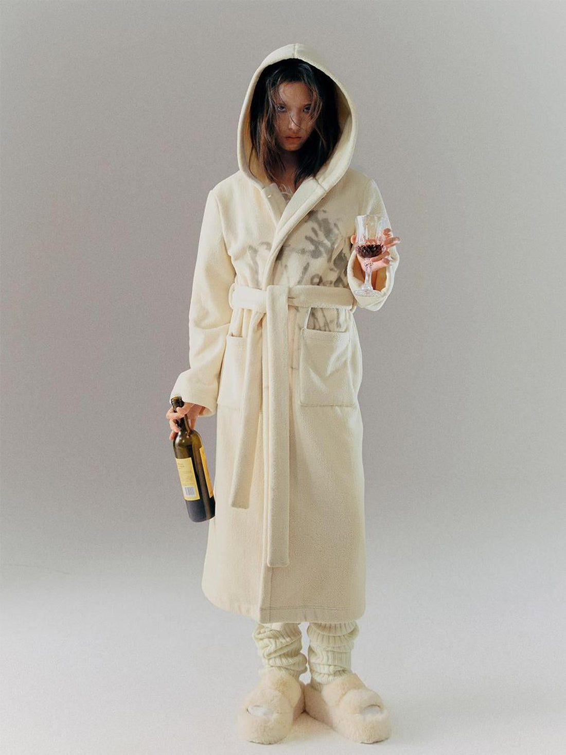Cest Nous Punk Girl Doodle Print Fleece Hooded Bathrobe
