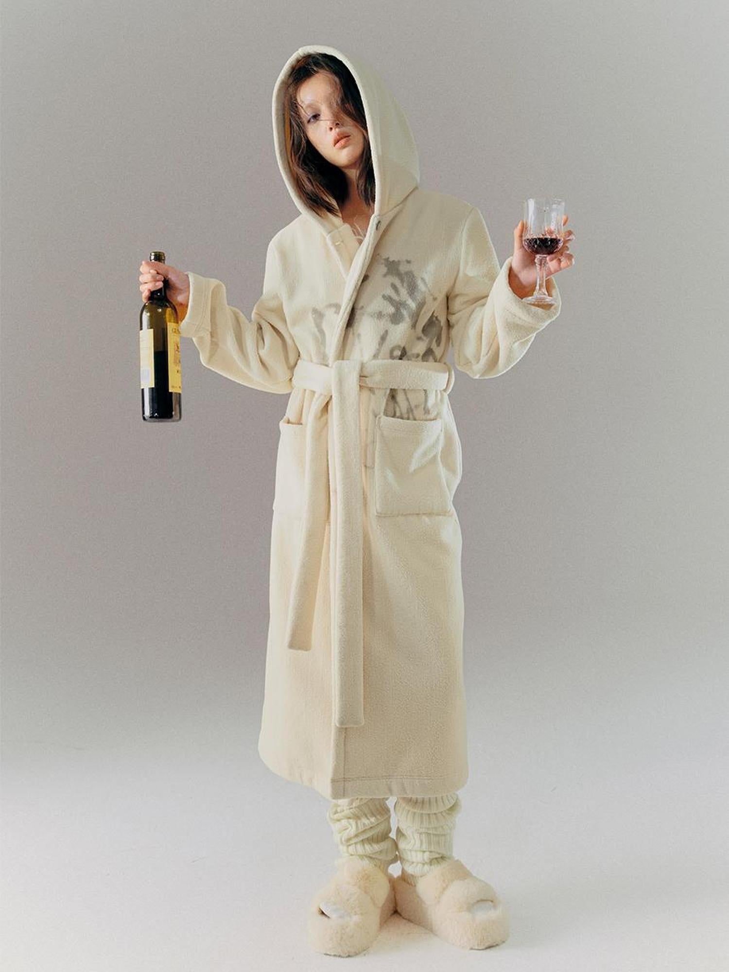 Cest Nous Punk Girl Doodle Print Fleece Hooded Bathrobe