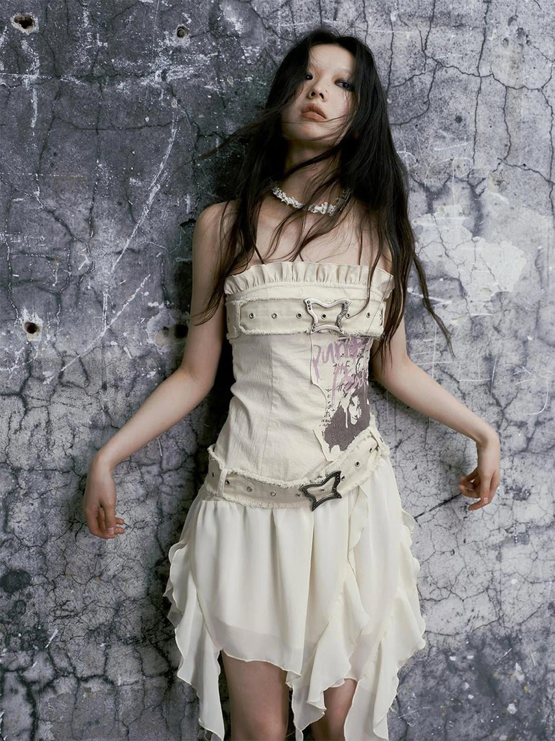 Punk Graffiti Bow Corset V-Neck T-Shirt Long-Sleeve Mini Dress