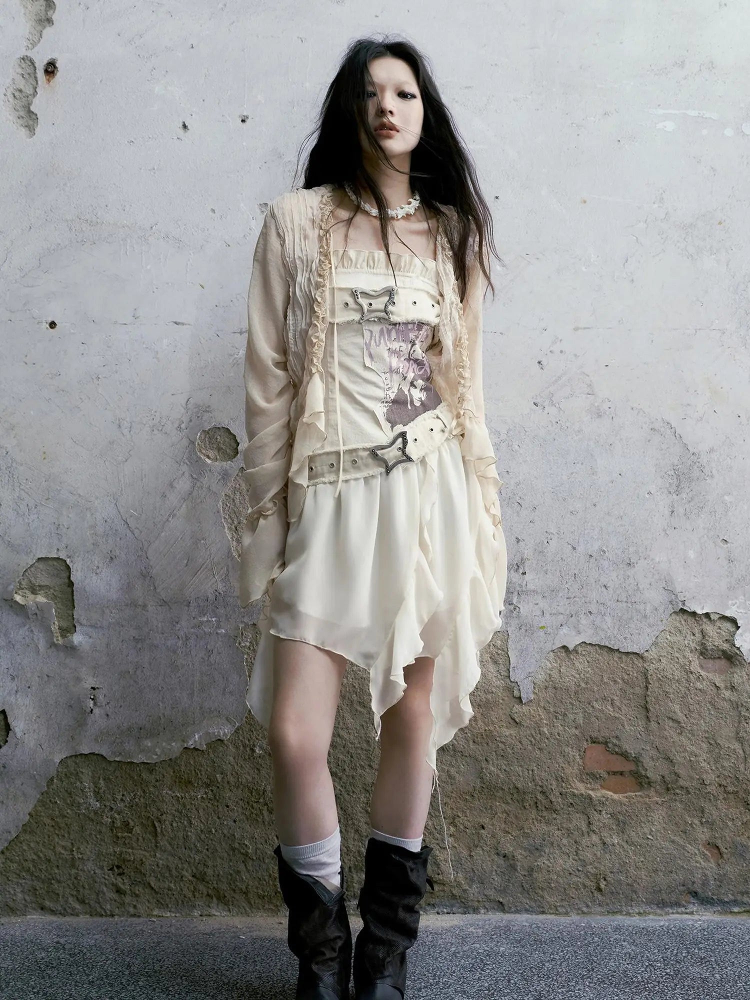 Punk Graffiti Bow Corset V-Neck T-Shirt Long-Sleeve Mini Dress