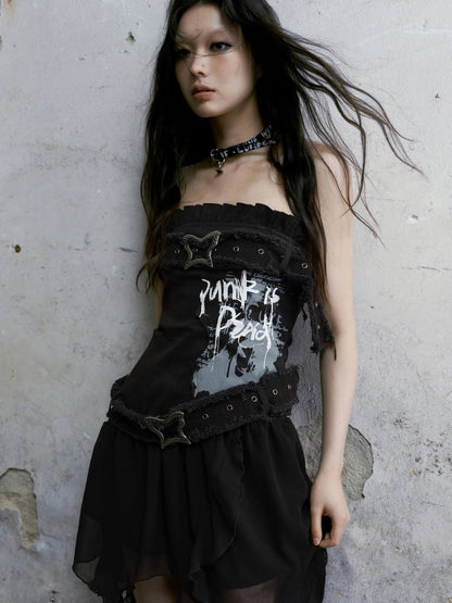 Punk Graffiti Bow Corset V-Neck T-Shirt Long-Sleeve Mini Dress