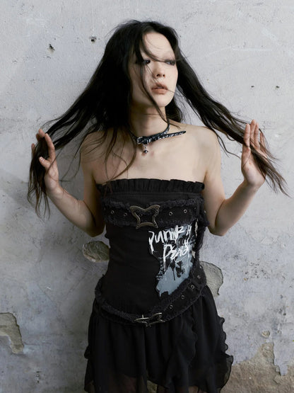 Punk Graffiti Bow Corset V-Neck T-Shirt Long-Sleeve Mini Dress