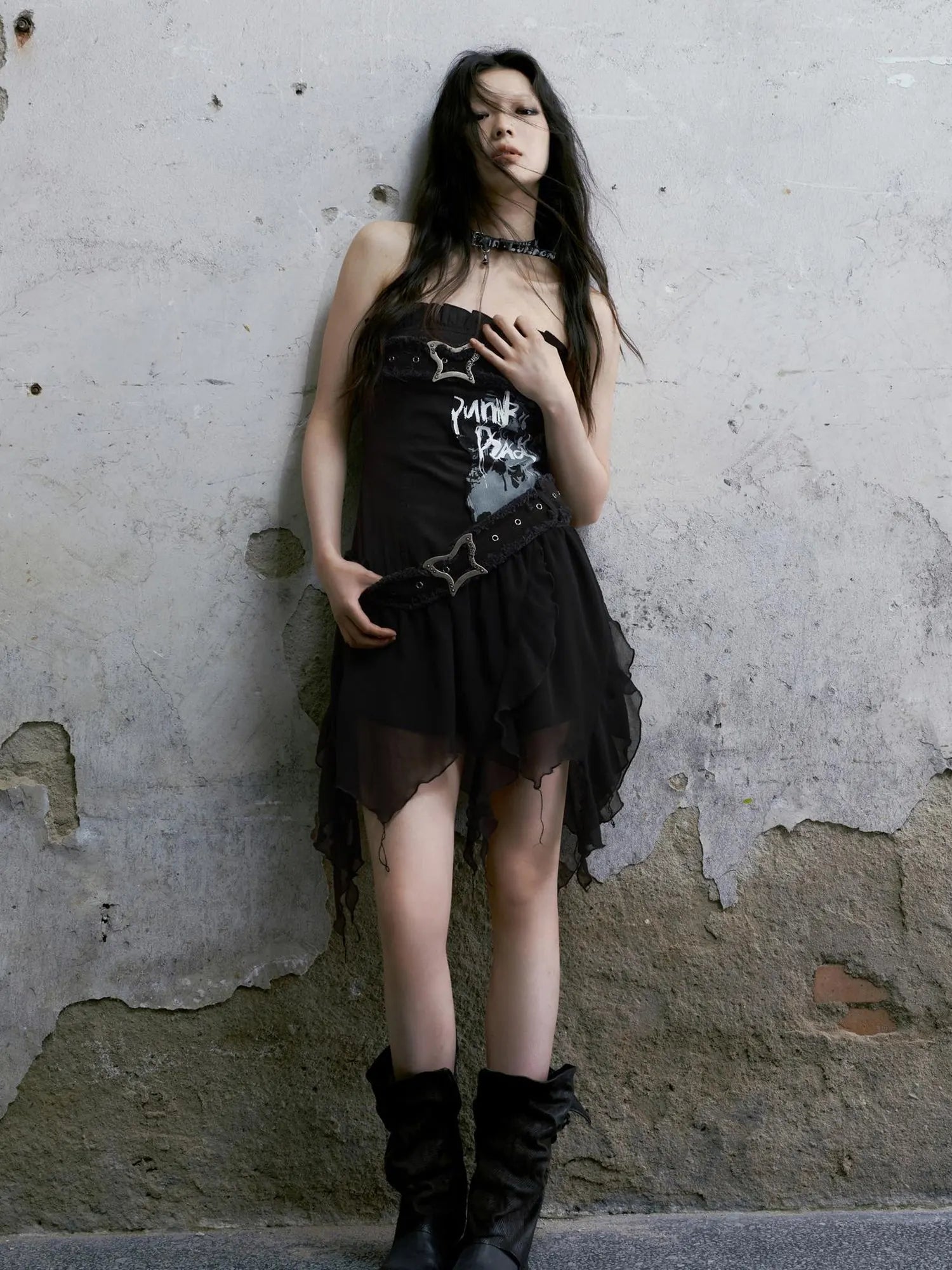 Punk Graffiti Bow Corset V-Neck T-Shirt Long-Sleeve Mini Dress