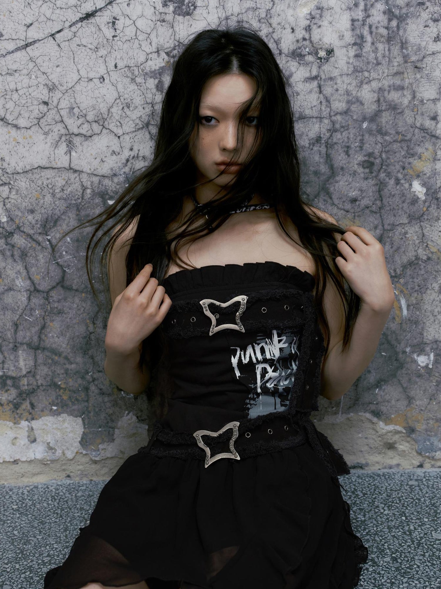 Cest Nous Punk Graffiti Bow Corset V-Neck T-Shirt Long-Sleeve Mini Dress