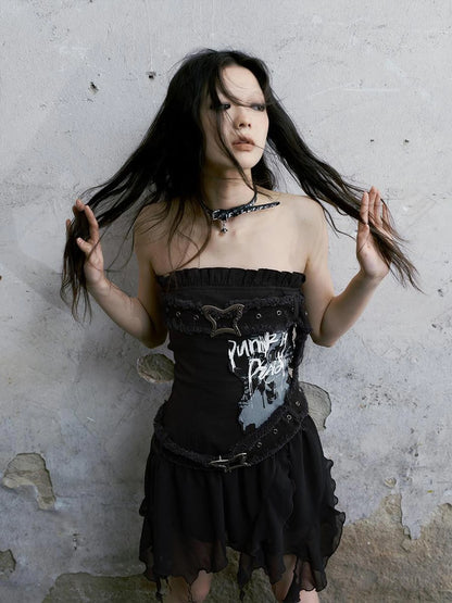 Punk Graffiti Bow Corset V-Neck T-Shirt Long-Sleeve Mini Dress